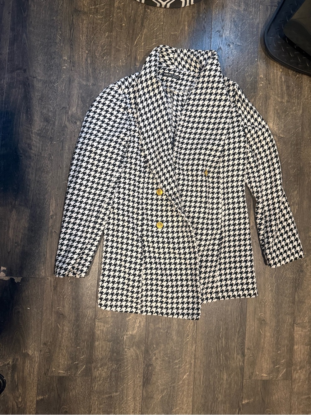 SHEIN Black & White Houndstooth Double-Breasted Pea Coat